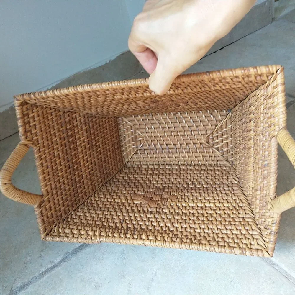Wicker Rattan Basket Tight Braid Double Handle Rectangle Brown Cottage Indonesia